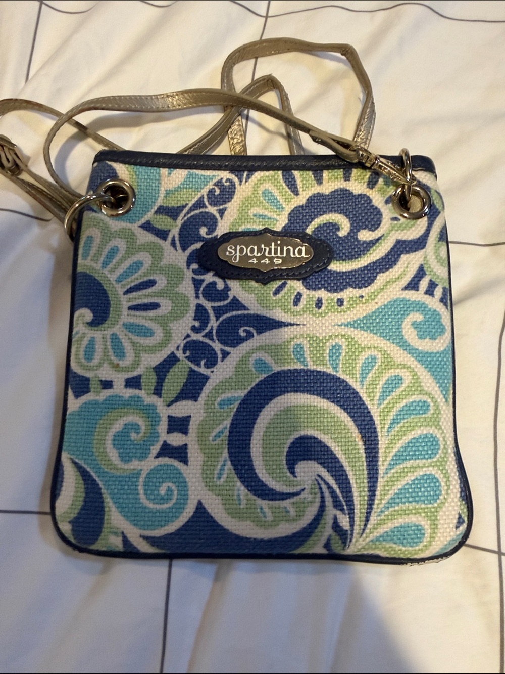 Spartina 449 Blue Green Paisley Crossbody Purse with Gold Accents
